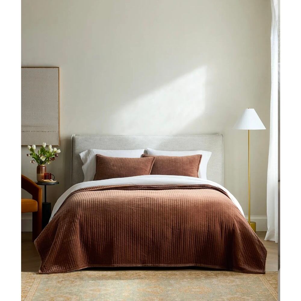 New Quince 100% Cotton Velvet Vertical Channel Quilt King Cal King Chestnut - Picture 3 of 9